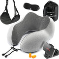 Airplane Neck Pillow Includes Travel Pillow + Airplane Phone Holder Mount + Eye Masks + Foot Hammock + Earplugs for Travel, 100% Pure Memory Foam Travel Pillow, 5 Pc Travel Kit, 2 Pack