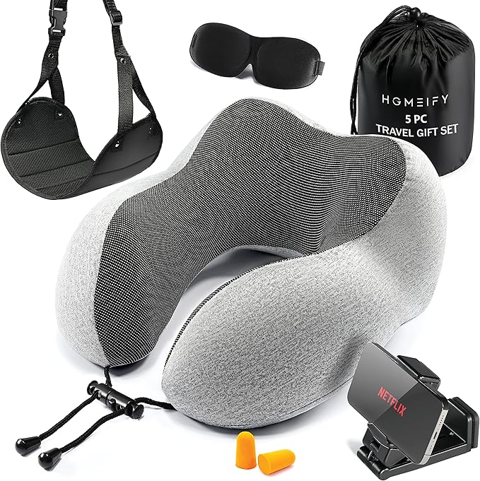 Airplane Neck Pillow Includes Travel Pillow + Airplane Phone Holder Mount + Eye Masks + Foot Hammock + Earplugs for Travel, 100% Pure Memory Foam Travel Pillow, 5 Pc Travel Kit, 2 Pack