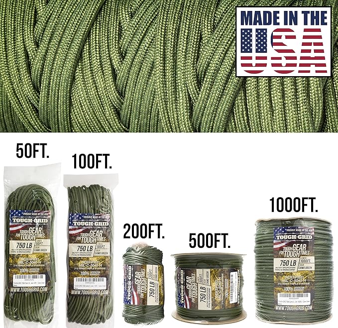 TOUGH-GRID 750 Paracord Rope Nylon Parachute Cord, Made in USA Survival Kit, Outdoor Adventures, Camping, Tactical Gear & Emergency Supplies, Military Type IV Mil-Spec