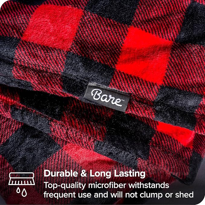 Bare Home Textured Fleece Blanket - Throw/Travel - Ultra-Soft Lightweight for Bed, Sofa, and Couch - Luxury Microplush - Cozy Warm Blanket (Throw/Travel, Buffalo Plaid - Red/Black)
