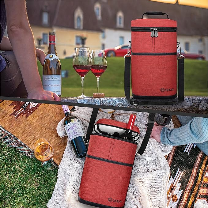 opux 2 Bottle Wine Carrier Tote, Insulated Leakproof Wine Cooler Bag, Wine Travel Bag for Picnic BYOB Beach, Portable Wine Bottle Carrying Case, Gift for Wine Lover Women Men Christmas, Red