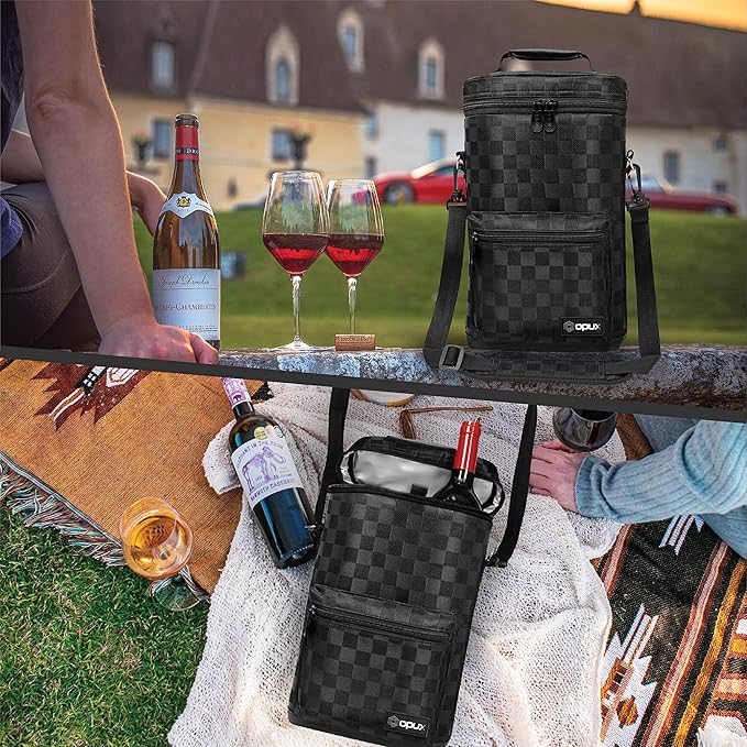 opux Wine Bag 2 Bottle Wine Tote Carrier, Insulated Wine Cooler Bag for Travel Picnic, Leakproof Portable Bottle Padded Case, Wine Gifts For Women Men Wine Lovers Christmas, Black