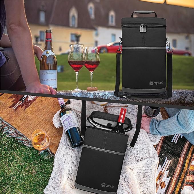 OPUX 2 Bottle Wine Carrier Tote, Insulated Leakproof Wine Cooler Bag, Wine Travel Bag Tote for Picnic BYOB Beach, Portable Wine Bottle Carrying Case, Gift for Wine Lover Women Men Christmas, Dark Grey