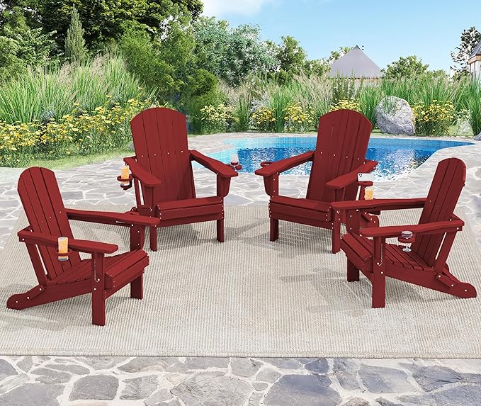 SERWALL Adirondack Chair with Cup Holders - Composite Adirondack Chairs HDPE Outdoor Chairs All Weather Use- Dark Red