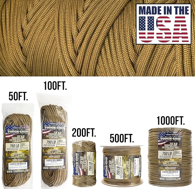 TOUGH-GRID 750 Paracord Rope Nylon Parachute Cord, Made in USA Survival Kit, Outdoor Adventures, Camping, Tactical Gear & Emergency Supplies, Military Type IV Mil-Spec