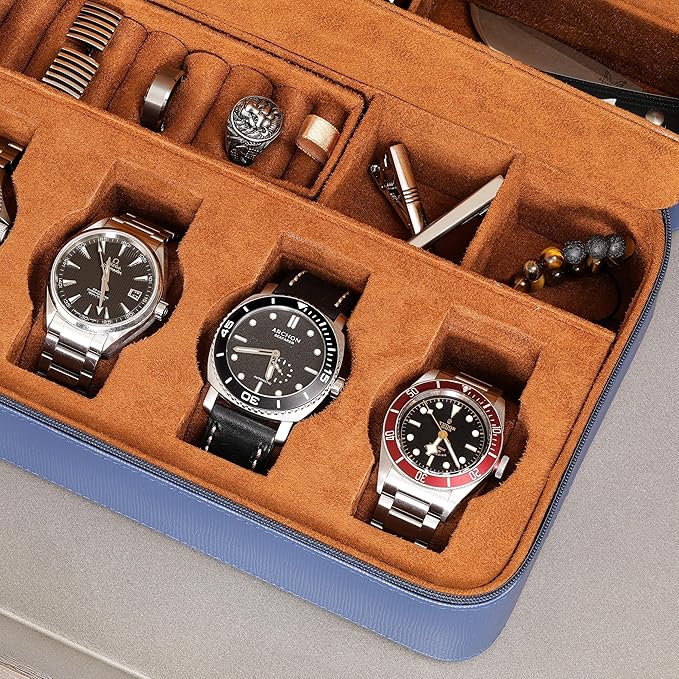 ROTHWELL 8 Watch Travel Case Storage Organizer for 8 Watches, Sunglasses, Rings & Cufflinks |Tough Portable Protection with Zipper Fits Most Wristwatches & Smart Watches Up to 50mm (Blue/Tan)