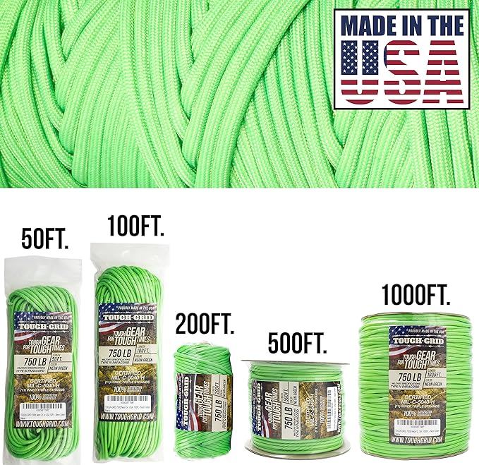 TOUGH-GRID 750 Paracord Rope Nylon Parachute Cord, Made in USA Survival Kit, Outdoor Adventures, Camping, Tactical Gear & Emergency Supplies, Military Type IV Mil-Spec