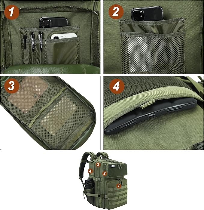LHI Military Tactical Backpack for Men and Women 45L Army 3 Days Assault Pack Bag Large Rucksack with Molle System - Green