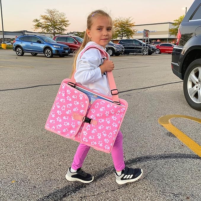 MENZOKE Kids Travel Tray for Toddler Car Seat, Lap Tray for Girl Activities with Dry Erase Board & Cooler Cup Holder, Road Trip Essentials Accessories with No-Drop Large Tablet iPad Holder Stand,Pink