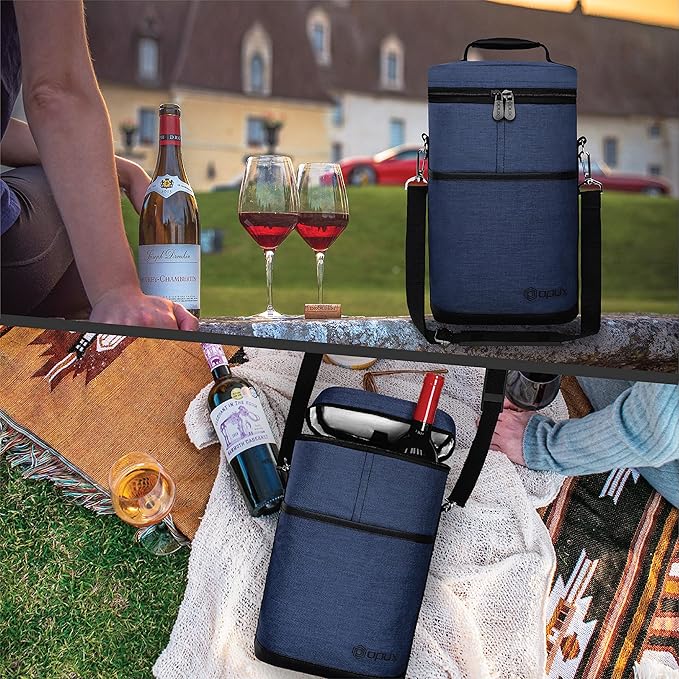 opux 2 Bottle Wine Carrier Tote, Insulated Leakproof Wine Cooler Bag, Wine Travel Bag for Picnic BYOB Beach, Portable Wine Bottle Carrying Case, Gift for Wine Lover Women Men Christmas, Navy