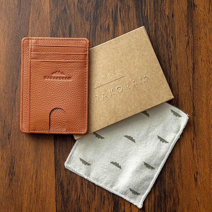 KARAKORAM Vertical Handcrafted Premium Leather Front Pocket Credit Card Holder with RIFD Protection | Artisan Made Slim Leather Wallet | Finger Glide Slots for Cards and ID (Rocky Terrain Brown)