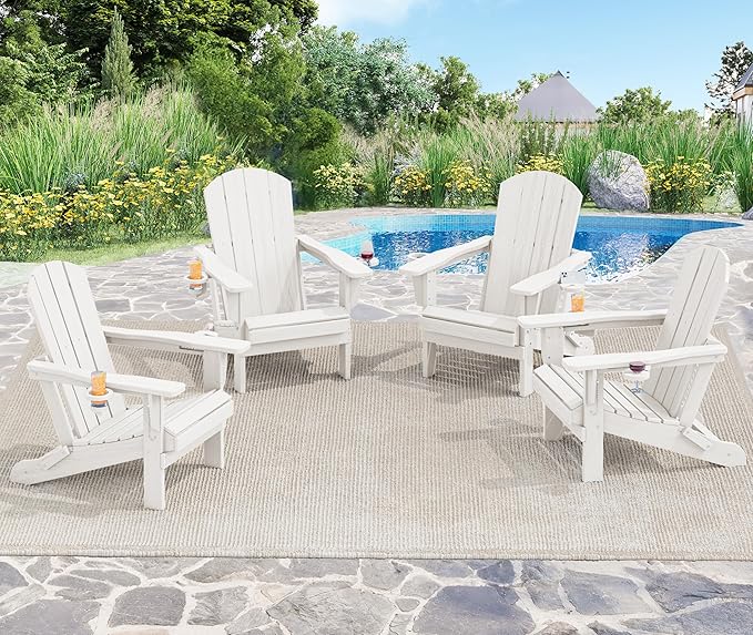 SERWALL Adirondack Chair with Cup Holders - Composite Adirondack Chairs HDPE Outdoor Chairs All Weather Use- White