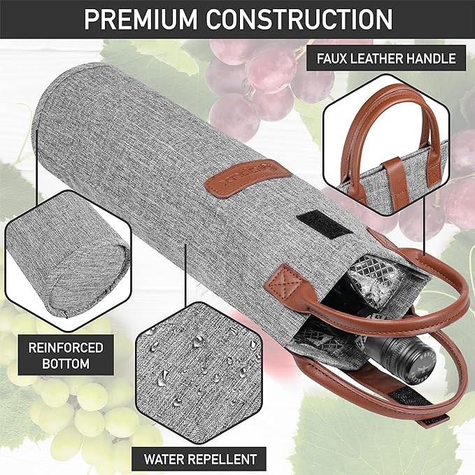 opux Wine Bag Single Bottle Carrier Tote, Insulated Travel Wine Cooler Bag for Picnic Beach Gift, Thermal Padded Portable One Bottle Holder Carrying Case for Women Men Wine Lovers, Heather Gray