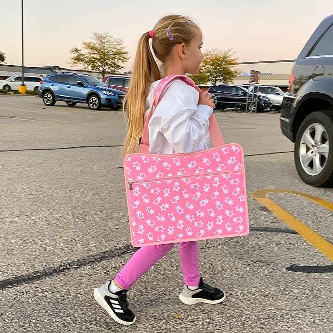 MENZOKE Kids Travel Tray for Toddler Car Seat, Lap Tray for Girl Activities with Dry Erase Board & Cooler Cup Holder, Road Trip Essentials Accessories with No-Drop Large Tablet iPad Holder Stand,Pink