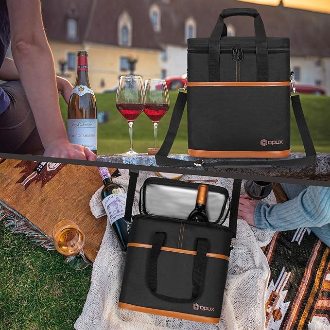 opux 6 Bottle Carrier Tote | Insulated Padded Wine Cooler Bag for Travel. Picnic, BYOB | Portable Leakproof Wine Tote Bag for Dinner, Party, Christmas, Wine Gift for Women, Men (Brown)