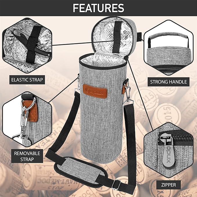 opux Wine Bag Single Bottle Carrier Tote, Insulated Wine Cooler Bag for Travel Picnic Beach with Shoulder Strap, Thermal One Bottle Holder Carrying Case Wine Gift for Women Men, Heather Light Gray