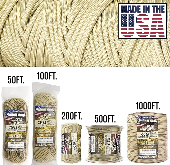 TOUGH-GRID 750 Paracord Rope Nylon Parachute Cord, Made in USA Survival Kit, Outdoor Adventures, Camping, Tactical Gear & Emergency Supplies, Military Type IV Mil-Spec