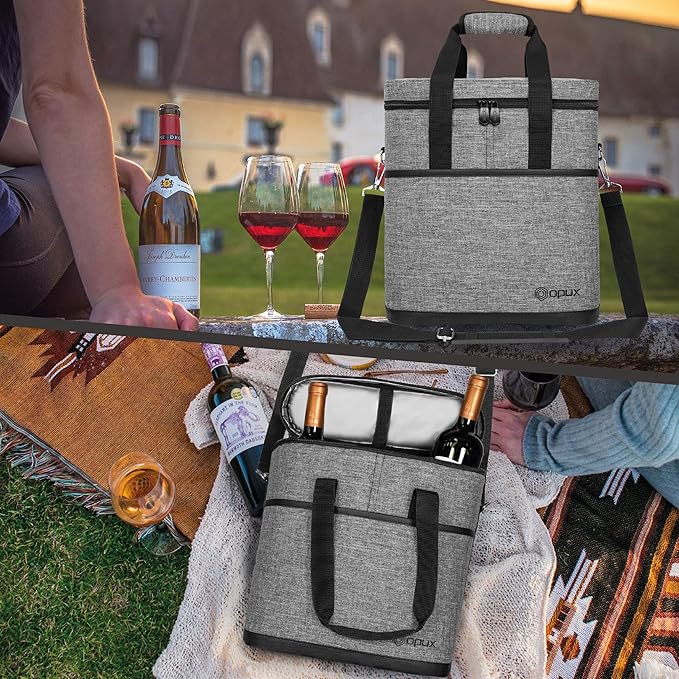 OPUX 3 Bottle Insulated Leakproof Wine Cooler Bag, Portable Wine Bottle Carrying Case - Grey