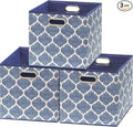 SIMPLE HOUSEWARE 13-Inch Collapsible Fabric Cube Storage Bin with Handles, Printed Design, 3 Pack, Steel Blue
