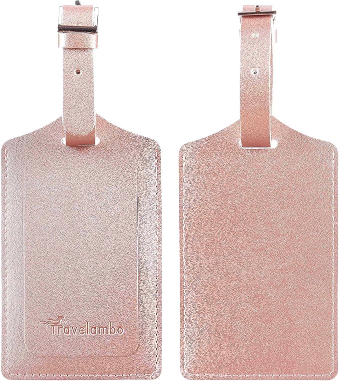 Travelambo Luggage Tags for Suitcases Faux Leather Privacy Protection 2 Pack Bag Tags Travel Accessories Essential, Rose Gold