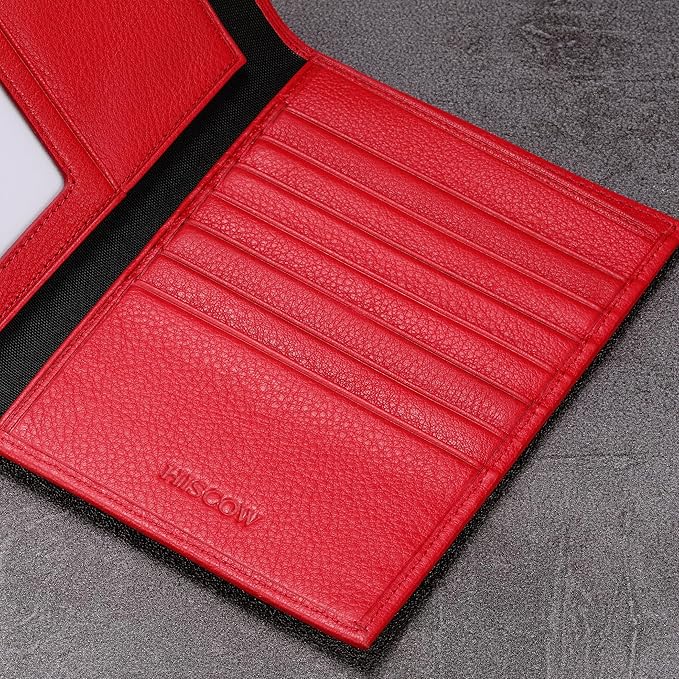 HISCOW Italian Leather Passport Holder for Travel - RFID Blocking Wallet Cover with Secure Organizer for Men & Women, US & Foreign Trips, Red