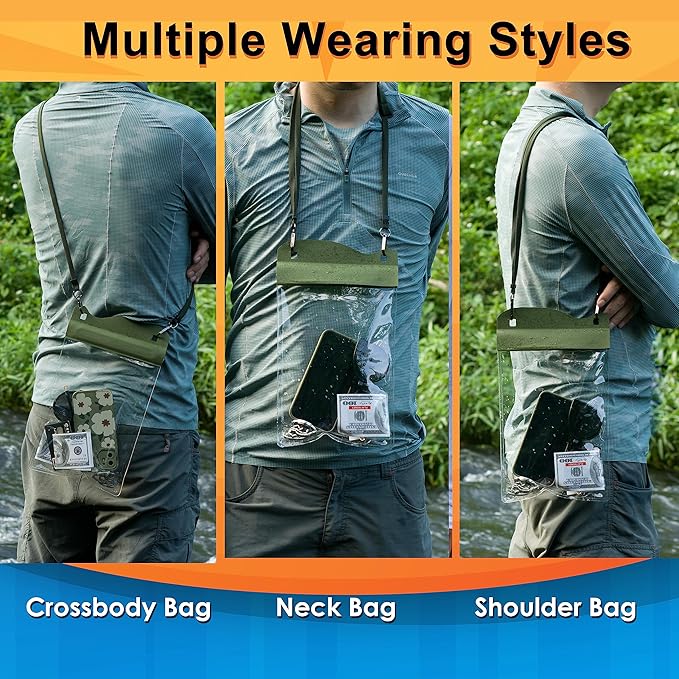 Large Watperproof Pouch 2 Pack [Up to 11.3"], IPX8 Waterproof Cell Phone Case Dry Bag Pouch Compatible with iPhone 14 13 12 Pro Max, Galaxy S23 Ultra S22 or iPad mini, Army Green+Yellow