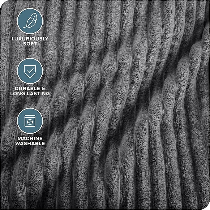 Bare Home Textured Fleece Blanket - Throw/Travel - Ultra-Soft Lightweight for Bed, Sofa, and Couch - Luxury Microplush - Cozy Warm Blanket (Throw, Ribbed Grey)
