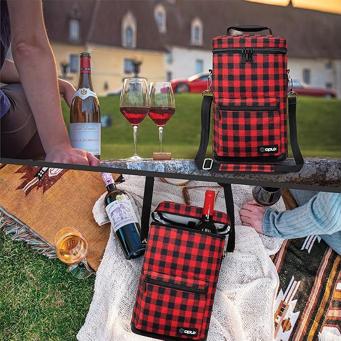 Opux 2 Bottle Wine Tote Carrier, Insulated Cooler Bag for Travel Picnic, Leakproof Padded Case, Wine Gifts for Women & Men, Plaid Buffalo Red