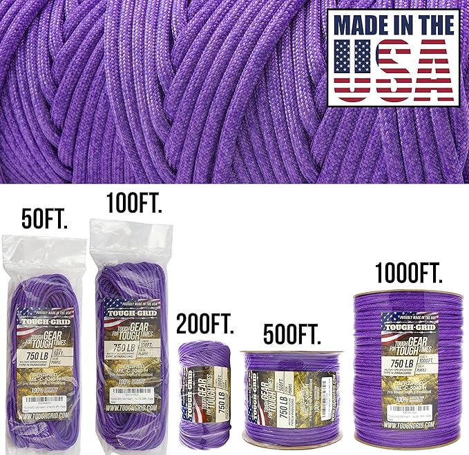 TOUGH-GRID 750 Paracord Rope Nylon Parachute Cord, Made in USA Survival Kit, Outdoor Adventures, Camping, Tactical Gear & Emergency Supplies, Military Type IV Mil-Spec