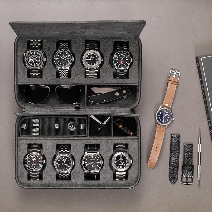 ROTHWELL 8 Watch Travel Case Storage Organizer for 8 Watches, Sunglasses, Rings & Cufflinks |Tough Portable Protection with Zipper Fits Most Wristwatches & Smart Watches Up to 50mm (Black/Grey)