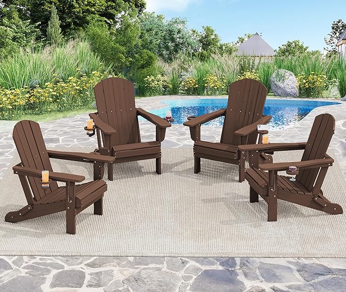 SERWALL Adirondack Chair with Cup Holders - Composite Adirondack Chairs Set of 4 HDPE Outdoor Chairs All Weather Use- Coffee