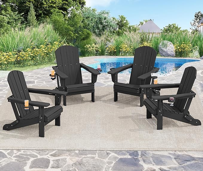 SERWALL HDPE Folding Adirondack Chair with Dual Cup Holder - Composite Adirondack Chair Set of 8- Black