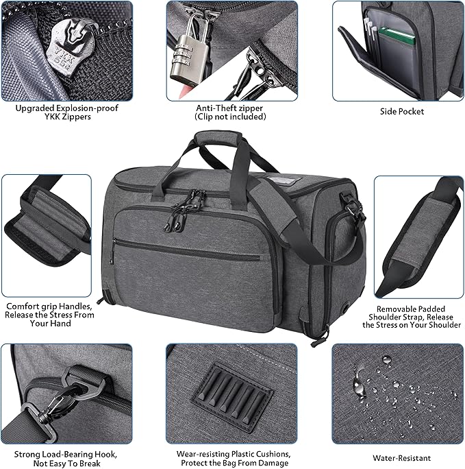 Garment Duffle Bags for Travel, YKK Zippers Carry On Convertible Suit Bag with Waterproof Compartment & Shoe Compartment & Shoulder Strap