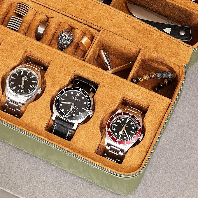 ROTHWELL 8 Watch Travel Case Storage Organizer for 8 Watches, Sunglasses, Rings & Cufflinks |Tough Portable Protection with Zipper Fits Most Wristwatches & Smart Watches Up to 50mm (Green/Tan)