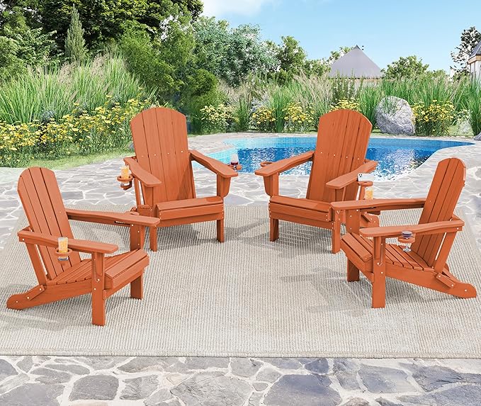SERWALL Adirondack Chair with Cup Holders - Composite Adirondack Chairs Set of 8 HDPE Outdoor Chairs All Weather Use- Orange