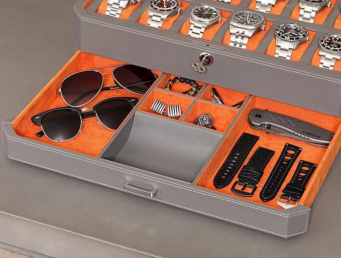 ROTHWELL 12 Slot Leather Watch Box with Valet Drawer - 12 Slot Luxury Watch Case Display Organizer, Microsuede Liner, Mens Accessories Holder, Jewelry Case, Jewelry Display Organizer (Grey/Orange)