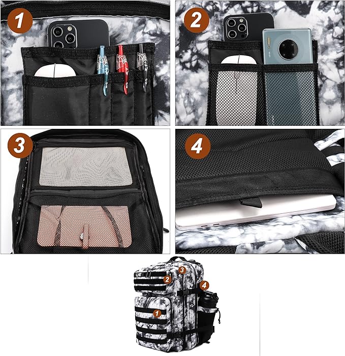 LHI Military Tactical Backpack for Men Molle Daypack 45L Army 3 Days Assault Pack Bag Large Rucksack With Bottle Holder Black and White(12*20*12)