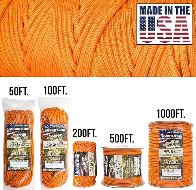 TOUGH-GRID 750 Paracord Rope Nylon Parachute Cord, Made in USA Survival Kit, Outdoor Adventures, Camping, Tactical Gear & Emergency Supplies, Military Type IV Mil-Spec