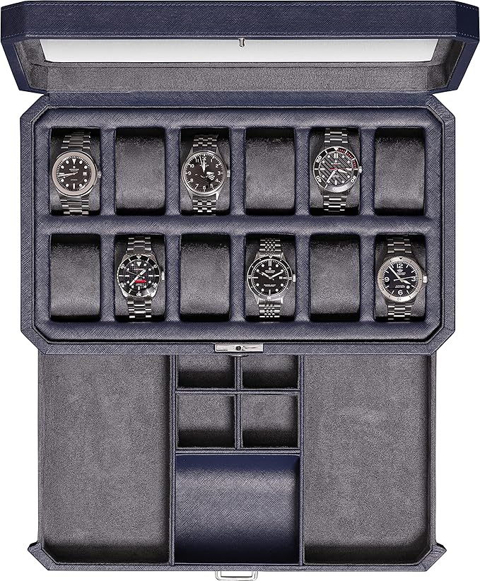 ROTHWELL 12 Slot Leather Watch Box with Valet Drawer - 12 Slot Luxury Watch Case Display Organizer, Microsuede Liner, Mens Accessories Holder, Jewelry Case, Jewelry Display Organizer (Dark Blue/Grey)