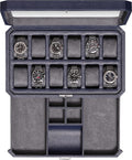 ROTHWELL 12 Slot Leather Watch Box with Valet Drawer - 12 Slot Luxury Watch Case Display Organizer, Microsuede Liner, Mens Accessories Holder, Jewelry Case, Jewelry Display Organizer (Dark Blue/Grey)