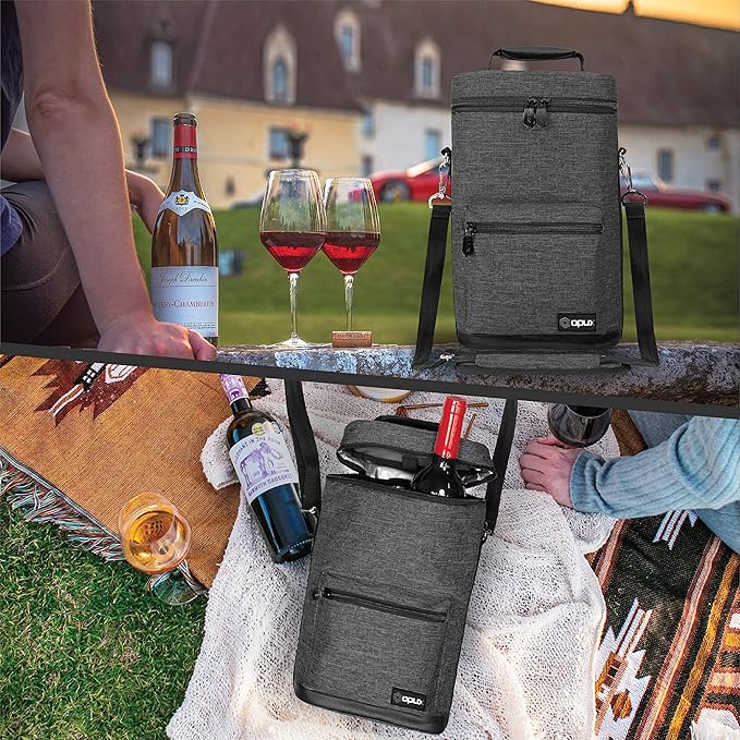 Opux 2 Bottle Wine Tote Carrier, Insulated Cooler Bag for Travel Picnic, Leakproof Padded Case, Wine Gifts for Women & Men, Charcoal Gray