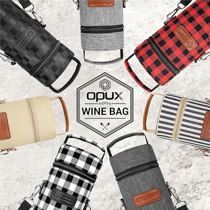 opux Wine Bag Single Bottle Carrier Tote, Insulated Wine Cooler Bag for Travel Picnic Beach with Shoulder Strap, Thermal One Bottle Holder Carrying Case Wine Gift for Women Men, Black Squares